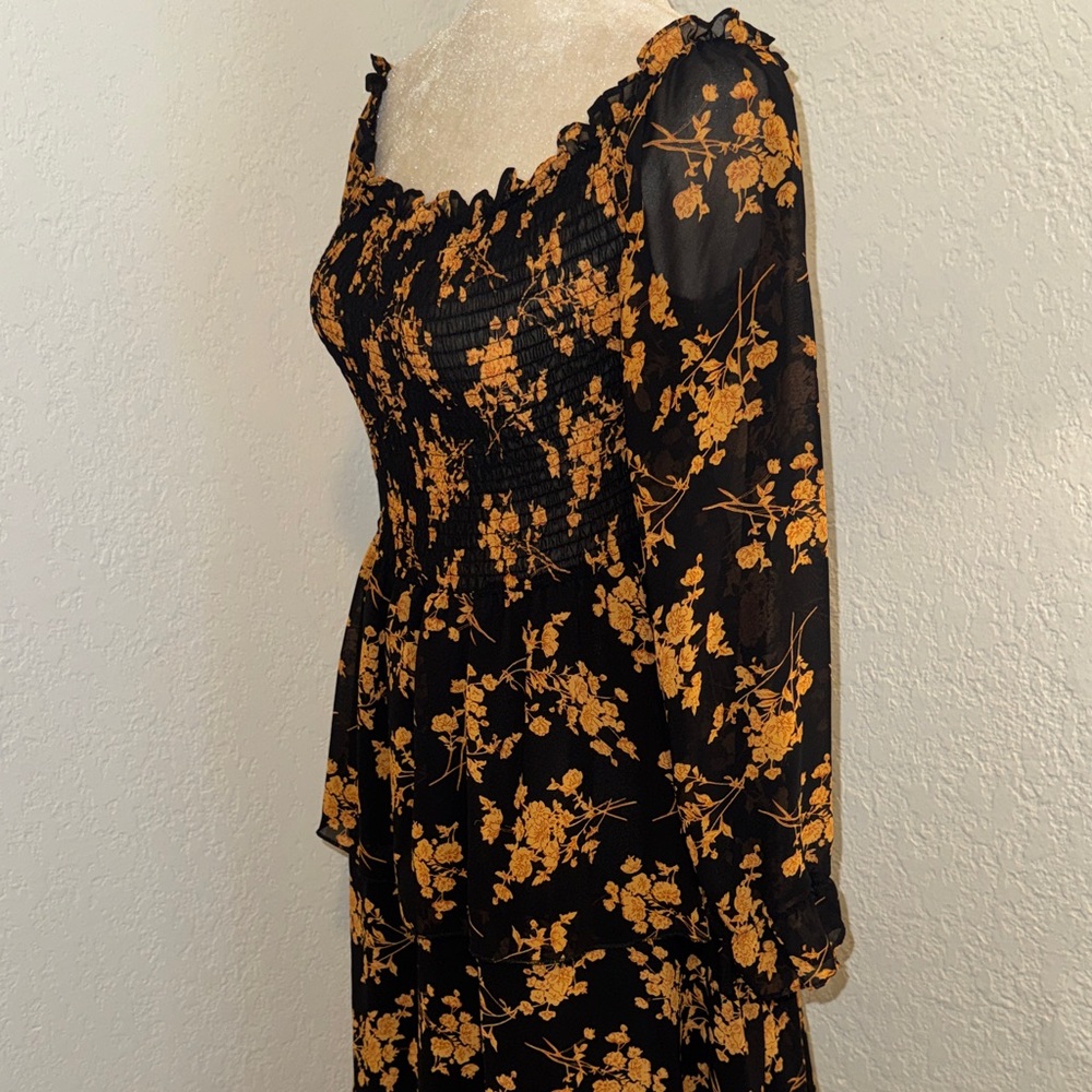 Black & Mustard Floral Tiered Long-Sleeve Dress - Picture 3 of 5